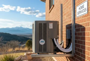 Gray HVAC unit with JMS logo mounted on brick wall under HOME SERVICES sign at a house with mountain backdrop